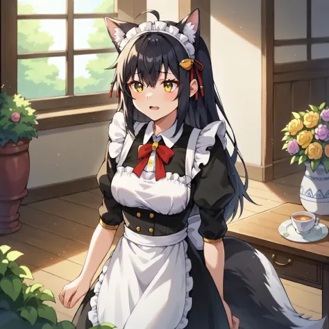 3girls, solo, masterpiece, anime, indoors,manor with garden, maid clothes,half black hair, long hair,clothespins on hair, skunk tail clothespins hair, fox ears down, skunk tail, ahoge, hair flaps, mischievous smile, green yellow eyes, 1 girl, maid and puni...