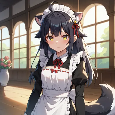3girls, solo, masterpiece, anime, indoors,manor with garden, maid clothes,half black hair, long hair,clothespins on hair, skunk tail clothespins hair, fox ears down, skunk tail, ahoge, hair flaps, mischievous smile, green yellow eyes, 1 girl, maid and puni...