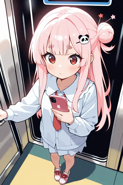 masterpiece, best quality, high resolution,4K, highly detailed, ultra detailed, ((detailed beautiful eyes)), full body, Alone, 1 girl, light pink hair, small bun hair, half twin hair, long hair, hime cut, thin oval eyebrows, Red Eyes, ((bangs Panda face ha...