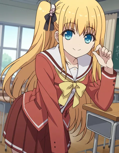score_9, score_8_up, score_7_up, source_anime,
yusakurobane, 
yusa kurobane, long hair, blue eyes, blonde hair, hair ornament, ribbon, hair ribbon, one side up, side ponytail,
school uniform, serafuku, long sleeves, red blazer, red skirt, pleated skirt, wh...