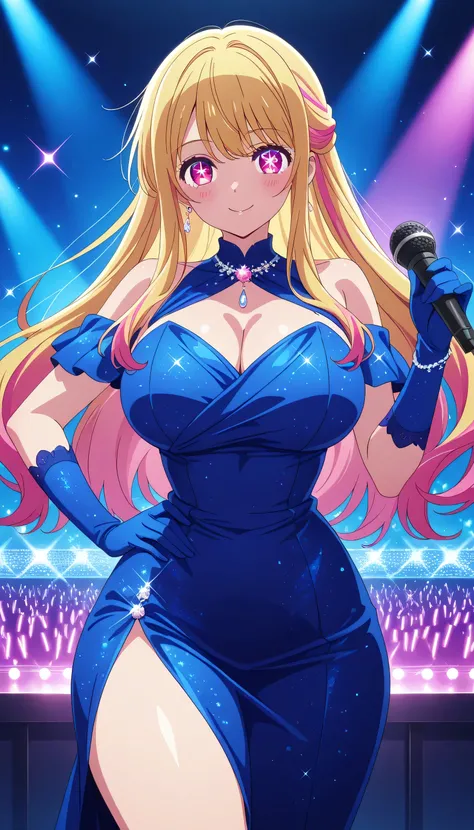 1girl, solo, Ruby Hoshino, big breasts, narrow waist, wide hips, thick thighs, long blue evening dress, side slit, sparkly dress, long blue gloves, long hair, bangs, blonde hair, pink eyes, sidelocks, symbol-shaped pupils, multicolored hair, two-tone hair,...