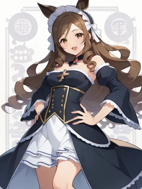 core_9, スcore_8_ up, スcore_7_ up, スcore_6_ up, スcore_5_ up, anime，nsfw，uncensored，( chibi:1.ung Girl，NON ACE \(Uma Musume\), Uma Musume, animal ear, horse ears, horse girl at work, solo, long hair,brown hair,side drill,side lock,curly hair,  o, Uma Official,UMACHA,Shobofuku，classic Ta strapless idol clothes, contrapost hip dip, face focus,
Place your hands on your hips,  Slim waist, , inward v over eye,
doyagao open mouth,cross lace high waist, White trim,
(long skirt:1.2) showgirl skirt white ruffle skirt double-sided fabric, white bonnet puritan color, off-shoulder wide sleeve,
black (lace knee-high:1.2), deep, Winkhart, brooch,
(lace background :1.1)，Pretty Cure Style，