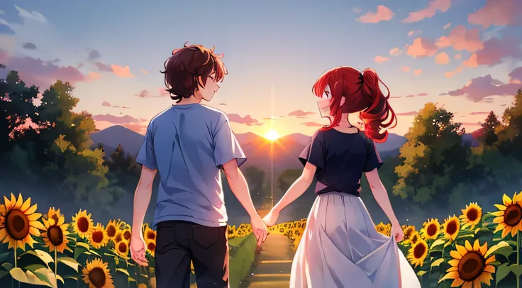 Sunset slope、man and woman walking side by side。girl has red hair、ponytail、Purple eyes、big breasts、beautiful、 lori。 The man has brown hair 、Curly hair( t-shirts)。 composition from back、two shadows stretch for a long time。with sunflowers around、Gentle Breez...