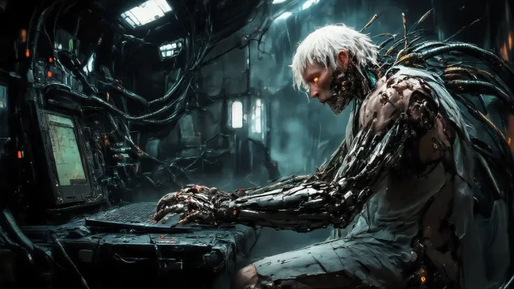 horror art, visually sharp wet and gory, visually appealing sharp and interesting textures with wet and dry textures and dynamic, creating a photo of a robot working on a futuristic computer that looks like he is programing a human with a bunch of cabling ...