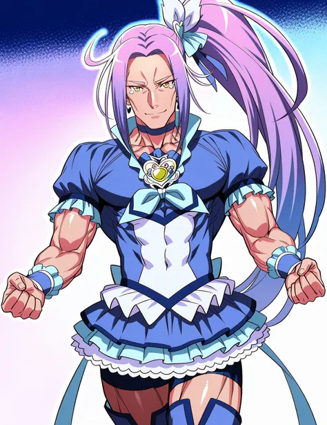 score 9 、score 8 up、score 7 up、source anime、masterpiece、Highest Quality、high resolution、very detailed face、 very detailed eyes、anime coloring、1boy、cure beat、(male:1.5)、male character is wearing a navy blue dress、beefcake standing、purple hair、side ponytail ...