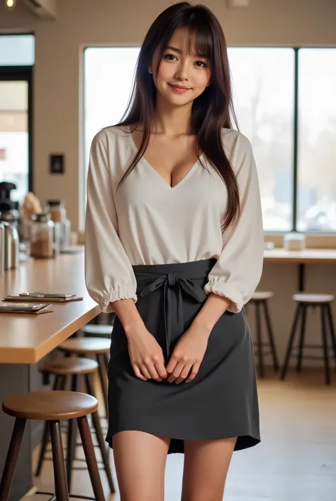 A full-body image of a young woman in her early 20s with long straight black hair, standing at a coffee shop counter, about to take an order. She is wearing a snug white shirt that subtly emphasizes her curvy figure, a dark apron tied neatly around her wai...