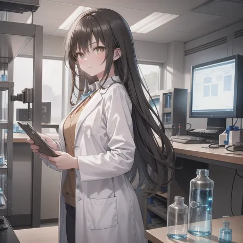 Depict a 20-year-old, stunningly beautiful woman conducting an experiment in a well-equipped science lab. She wears a pristine white lab coat over professional attire, her expression focused as she carefully handles scientific instruments. Whether her hair...