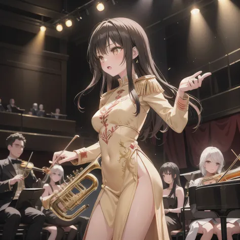 Depict a 20-year-old, dazzlingly beautiful woman playing a brass instrument in a grand concert hall. She wears an elegant yet practical band uniform, designed with intricate gold embroidery. Her posture is poised, fingers positioned with precision, her eye...