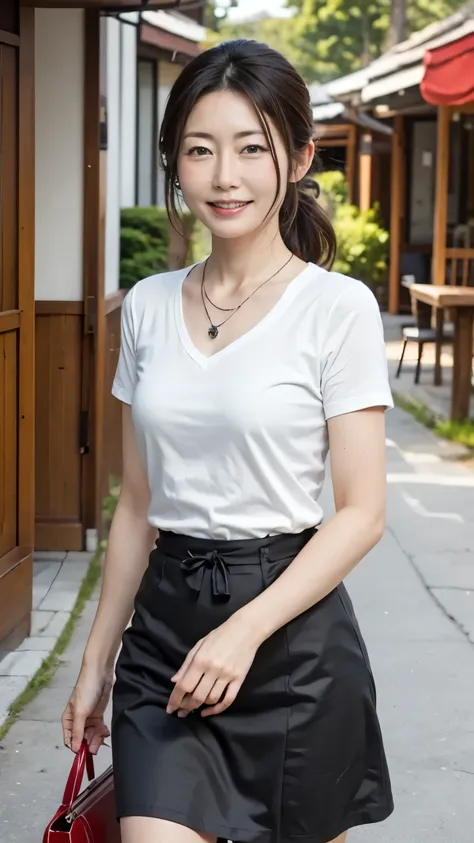 8k, masterpiece, Highest Quality, Realistic Photos, under beautiful sunlight, Japanese mature housewife, 50 years old, Small face, low ponytail, ( Chest is 95cm, waist size is 72 cm in beautiful sunlight, Size is 85cm), (short sleeve shirt and flared ski...