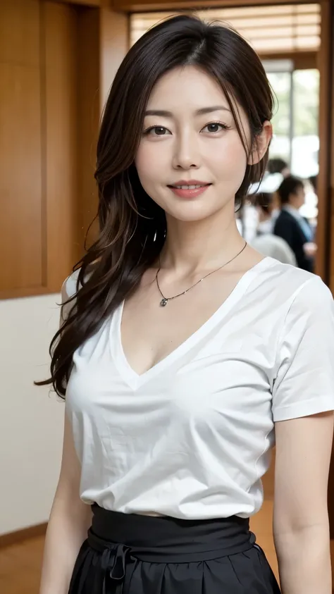 8k, masterpiece, Highest Quality, Realistic Photos, under beautiful sunlight, Japanese mature housewife, 50 years old, Small face, low ponytail, ( Chest is 95cm, waist size is 72 cm in beautiful sunlight, Size is 85cm), (short sleeve shirt and flared ski...