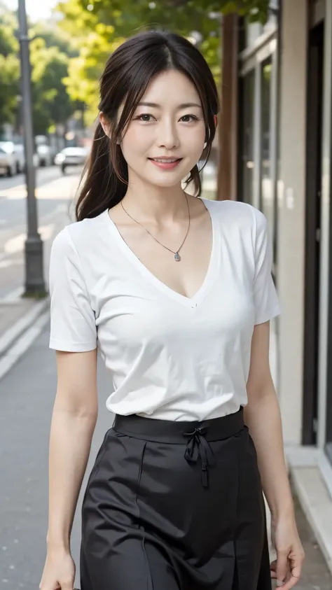 8k, masterpiece, Highest Quality, Realistic Photos, under beautiful sunlight, Japanese mature housewife, 50 years old, Small face, low ponytail, ( Chest is 95cm, waist size is 72 cm in beautiful sunlight, Size is 85cm), (short sleeve shirt and flared ski...