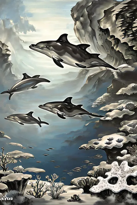 painting of big three dolphin swimming in the ocean with a city in the background under the sea, dolphin, Stunning 4K Art, Palette knife painting,  detailed 4k oil painting, Impasto oil painting , dolphin swimming, ink painting、Coral Reef、水中を泳いでいるdolphin、大...