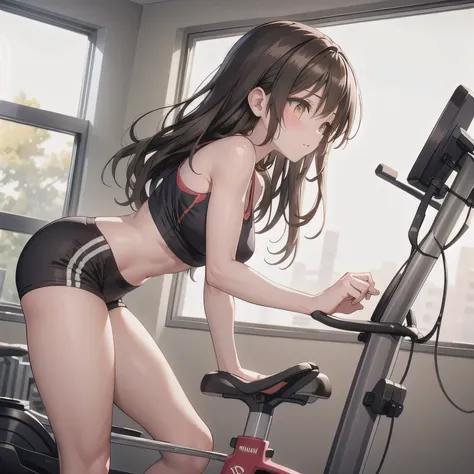 A fitness gym, a person training on a stationary bike, side view, bright morning sunlight through large windows.  Dark hair, long hair, brown eyes. 