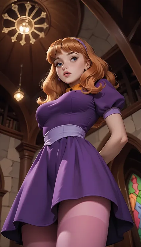 Daphne from the cartoon "Scooby-Doo ", Orange hair, Purple dress, pink hip length pantyhose, hincada, seductive look, inside a haunted mansion, from below, rosa home.