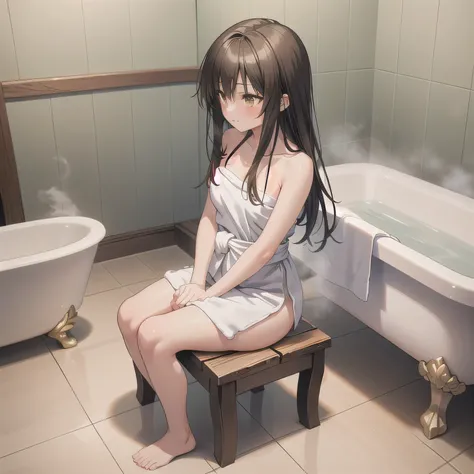 A beautiful woman in a A narrow, compact Japanese bathroom, with tiled walls, a small bathtub, and a wooden stool beside it. Steam fills the room., sitting in seiza style , politely waiting to greet someone.The character is wrapped in a towel around the bo...