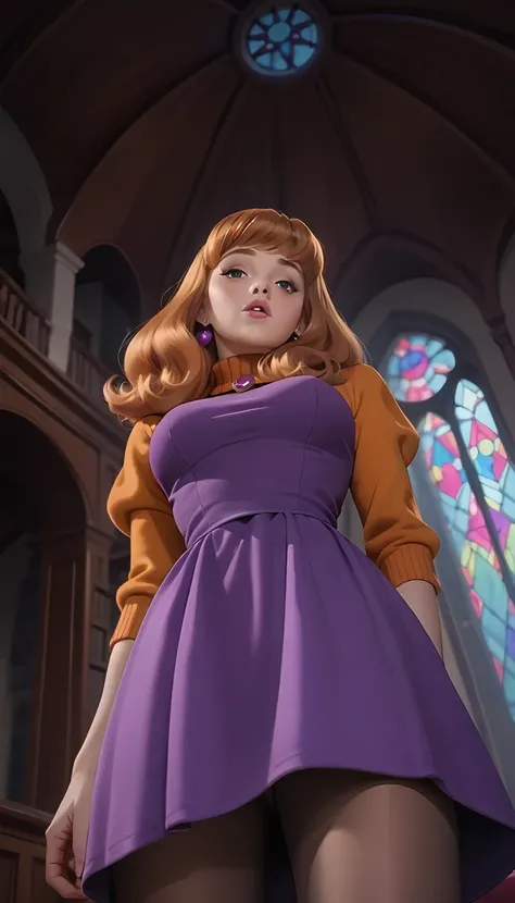 Daphne from the cartoon "Scooby-Doo ", Orange hair, Purple dress, pink hip length pantyhose, hincada, seductive look, inside a haunted mansion, from below, rosa home. 