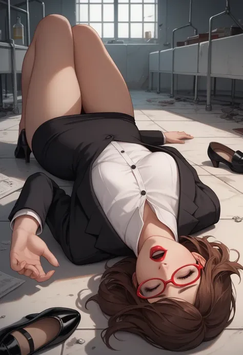 Sexy woman, Bob hair, Brown hair, red glasses, closed eyes, black eyes, red lipstick, small breast, curvy, White formal shirt, black skirt, black formal jacket, black formal shoes, walk in abandoned laboratory, fainted, lying on the floor, Open mouth 