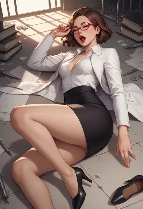Sexy woman, Bob hair, Brown hair, red glasses, closed eyes, black eyes, red lipstick, small breast, curvy, White formal shirt, black skirt, black formal jacket, black formal shoes, walk in abandoned laboratory, fainted, lying on the floor, Open mouth 