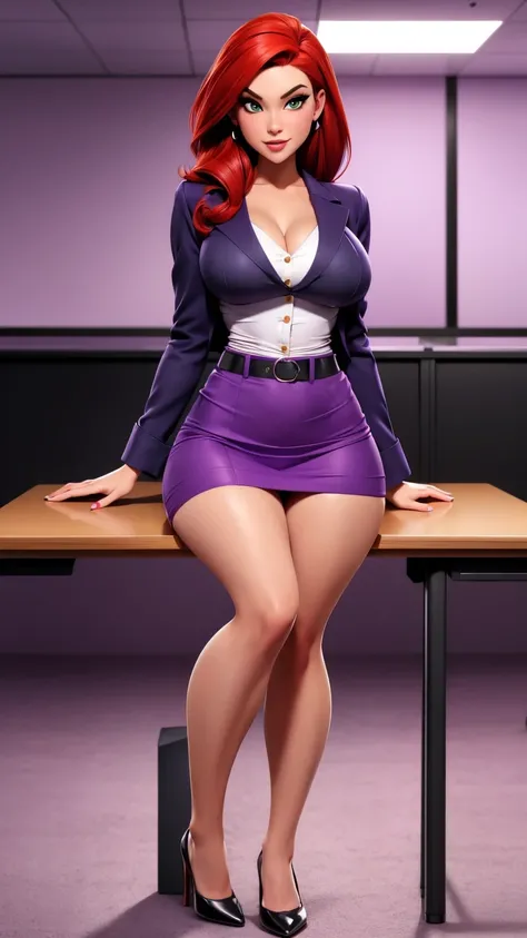 An attractive sexy hex girl with a big breast wears red hair, a tousled cut, her green eye, wears a purple button-down office coat and a long purple skirt with a black heel. 