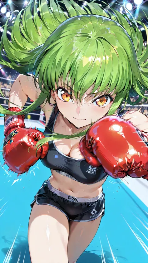 C.C., Code Geass, green hair, gold eyes, long hair, black sports bra, black sports very short spats, boxing gloves, bare thigh, cleavage, medium breast, Perfect body, detailed eyes, detailed face, glaring smile, looking at viewer, punching, clenched hand,...