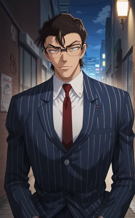 1male, solo,sousuke_aizen,short hair,grey eyes,medium hair,emty eyes,opaque glasses,black glasses,royal blue pinstripe suit,white shirt,red necktie,white skin,big_muscle,cool face,tokyo,alley,night,detective conan,Villain