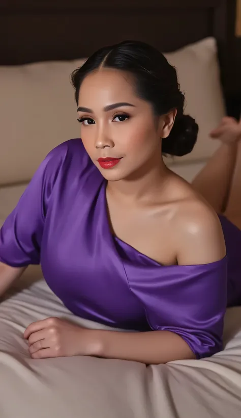 a beautiful woman, sleeping on your stomach on a mattress, shirt looks full body, body facing front, using purple satin sleeveless nightgown, Big , red lips, ideal body shape