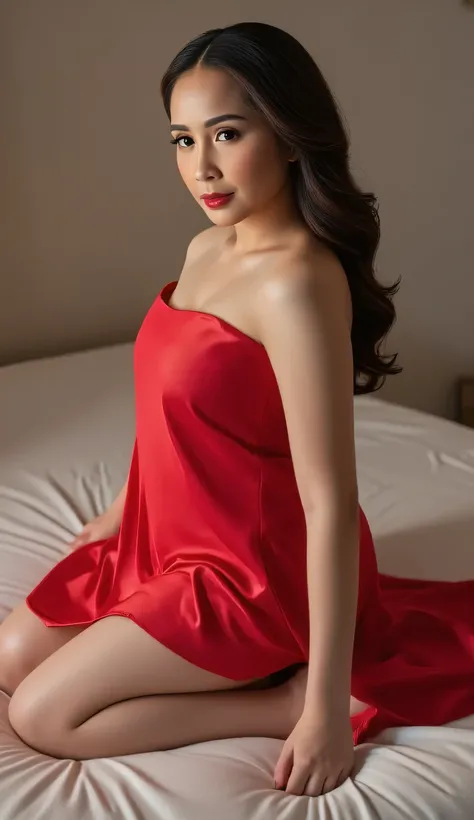 a beautiful woman, kneeling on the mattress, shirt looks full body, body facing front, using a red satin sleeveless nightgown, Big , red lips, ideal body shape, long dark hair, lustful face