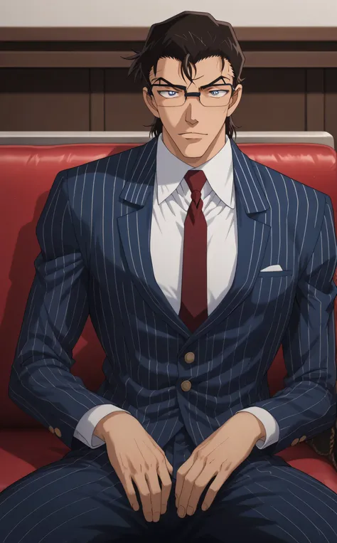 1male, solo,sousuke_aizen,short hair,blue eyes,medium hair,emty eyes,opaque glasses,black glasses,royal blue pinstripe suit,white shirt,red necktie,white skin,big_muscle,cool face,bar,sitting on sofa,detective conan,Villain