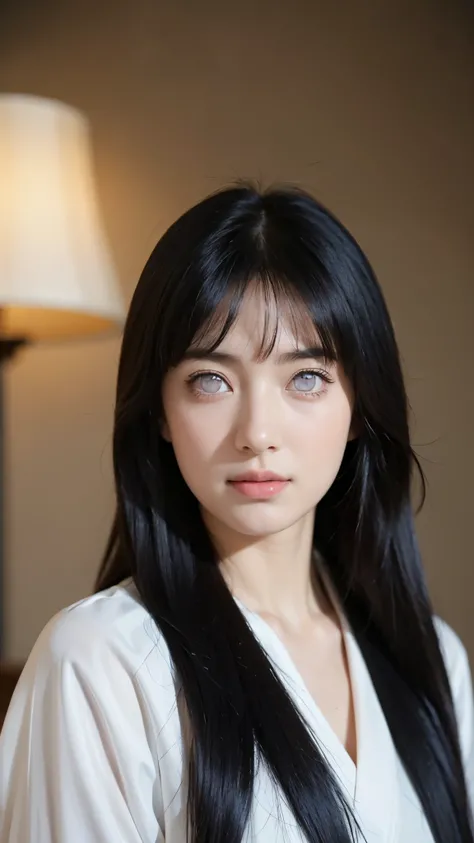 "Create a hyper-realistic portrait of a beautiful young woman inspired by Hyuga Hinata from Naruto Shippuden, reimagined as if she exists in the real world. She has fair, flawless skin, long dark indigo hair with soft waves, and distinctive pale lavender e...