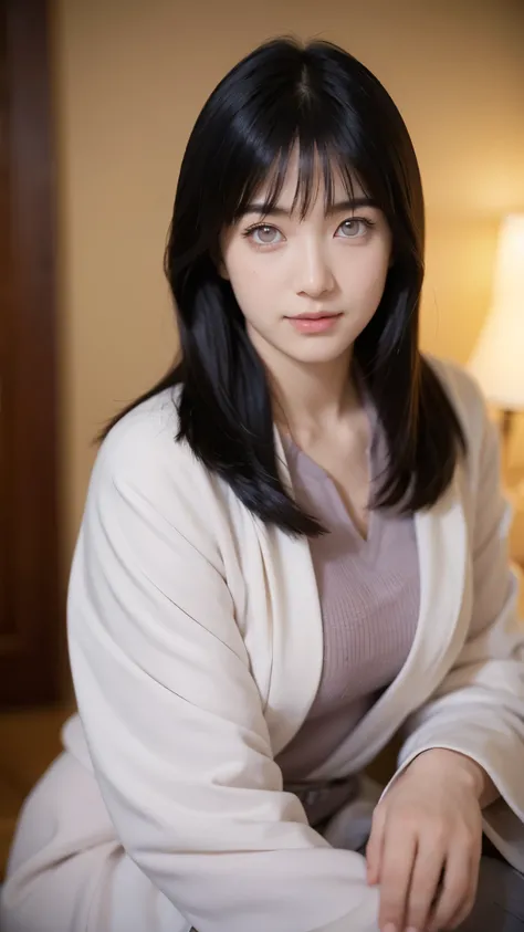 "Create a hyper-realistic portrait of a beautiful young woman inspired by Hyuga Hinata from Naruto Shippuden, reimagined as if she exists in the real world. She has fair, flawless skin, long dark indigo hair with soft waves, and distinctive pale lavender e...