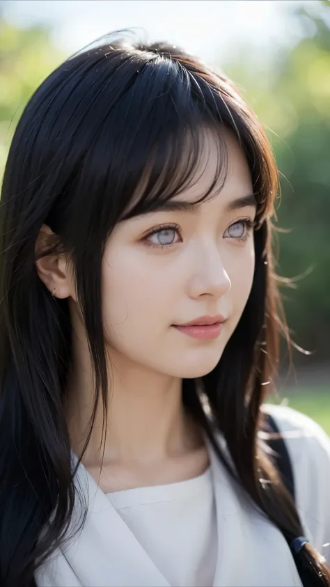 "Create a hyper-realistic portrait of a beautiful young woman inspired by Hyuga Hinata from Naruto Shippuden, reimagined as if she exists in the real world. She has fair, flawless skin, long dark indigo hair with soft waves, and distinctive pale lavender e...