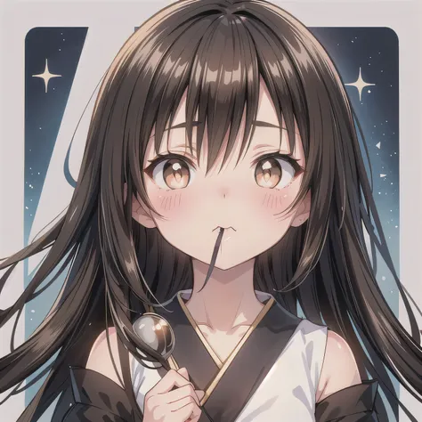 A Japanese anime-style chibi girl, 3-head-tall, super round body and head, deformed proportion, big sparkling eyes, small nose and mouth, cute and soft illustration, simplified color palette, masterpiece, her mouth is empty, nothing in her mouth, no object...