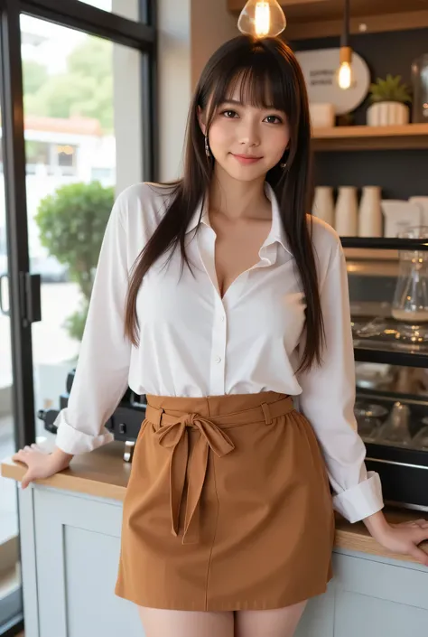 A full-body image of a young woman in her early 20s with long straight black hair, standing at a coffee shop counter, about to take an order. She is wearing a snug white shirt that subtly emphasizes her curvy figure, a brown apron tied neatly around her wa...