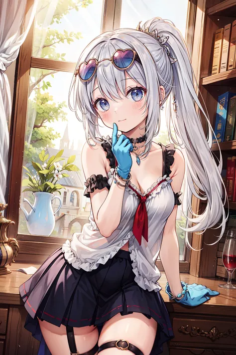 ( masterpiece),(highest quality),(super detailed),(number),(Very Delicate and Beautiful),dynamic angle,Beautiful details,( Detail Light),Detailed Fabric Textures, a girl,a girl,Hair accessories,long hair,alone,simple background,interior,cowboy shooting,blu...