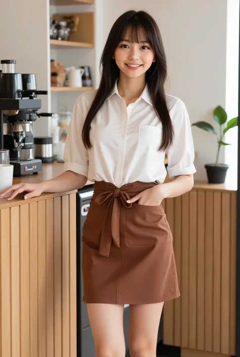 A full-body image of a young woman in her early 20s with long straight black hair, standing at a coffee shop counter, about to take an order. She is wearing a snug white shirt that subtly emphasizes her curvy figure, a brown apron tied neatly around her wa...