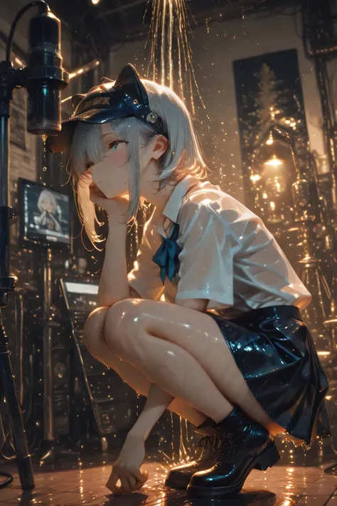 Sudden Rain,wet,Girl with Silver Hair Shortcut,shirt、skirt for ears,is crouching,Uh Delicate,details,4K,high resolution,masterpiece,Super fine,high resolution,studio lighting,極端なdetails,Professional ,anime,Background Blue