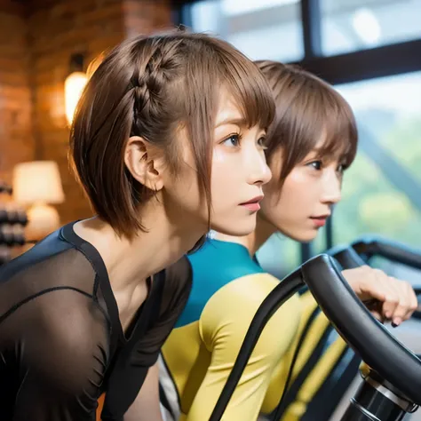 A fitness gym, a person training on a stationary bike, side view, bright morning sunlight through large windows.  Brown hair, short hair, dark eyes.