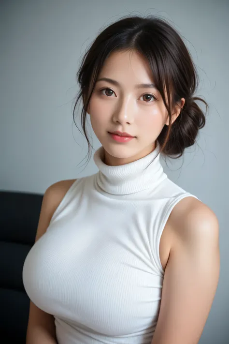 ((masterpiece, best quality, 最HDのKiによる撮影, HD , photorealistic, RAW photos , highly detailed CG integrated 8K wallpaper)), 1 girl , alone, beautiful young woman, Realistic Skin Texture , office, ((( turtleneck , , Sleeveless, 細いupper body, a slig...