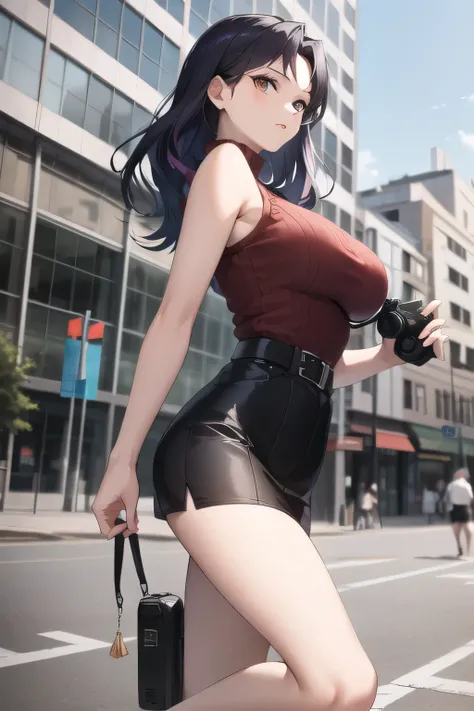Can you draw a dark blue pleated miniskirt,please draw her expression more delicately,walking alone, city tour ,,(((she is wearing casual tourist wear))), I have a SLR camera ,(Let's draw a more delicate look),(sleeveless wool sweater),( pleated legs,...