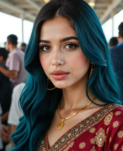 A stunningly beautiful adult White European woman stands out in every crowd—a mysterious blend of East and West. Her long, sky-blue hair flows like silk, a bold contrast to her sharp jawline and delicate, elongated nose. Her cat-shaped eyes, glowing emeral...