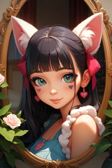Highest Quality、masterpiece、detailed background、Beautiful Girl、 detailed expressions 、By the window in the morning 、Cosmetics Day、
(cute girl enjoying makeup in front of a mirror surrounded by cosmetics:1.3)、
bright natural light、smile、Use lips and cheeks、...