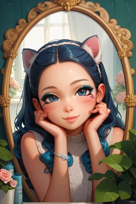 Highest Quality、masterpiece、detailed background、Beautiful Girl、 detailed expressions 、By the window in the morning 、Cosmetics Day、
(cute girl enjoying makeup in front of a mirror surrounded by cosmetics:1.3)、
bright natural light、smile、Use lips and cheeks、...