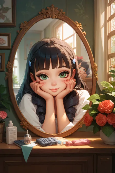 Highest Quality、masterpiece、detailed background、Beautiful Girl、 detailed expressions 、By the window in the morning 、Cosmetics Day、
(cute girl enjoying makeup in front of a mirror surrounded by cosmetics:1.3)、
bright natural light、smile、Use lips and cheeks、...
