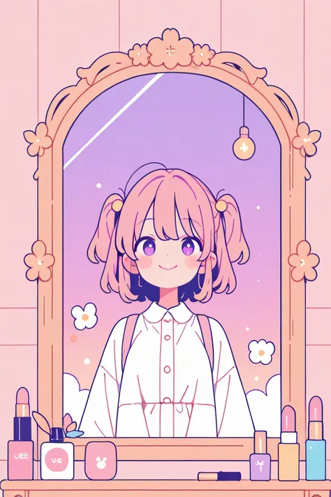 Highest Quality、masterpiece、detailed background、Beautiful Girl、 detailed expressions 、By the window in the morning 、Cosmetics Day、
(cute girl enjoying makeup in front of a mirror surrounded by cosmetics:1.3)、
bright natural light、smile、Use lips and cheeks、...