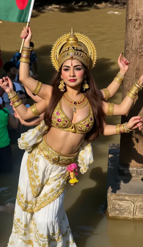 A hindu goddess,devi durga,golden drowned, holding Bangladesh flag,bangladeshi muslim mens are gathering near durga ma,sexy figure,deep clevage, deep navel,8k