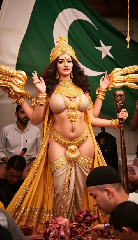 Hindu goddess durga,Golden crowned on head, trishul in hand,almost naked lingerie, perfect hand and fingers,devine devi,hindu goddess,devi wearing so much Golden jewelry, in Pakistan in a beef shop,in shop muslim mens are cutting beef, Pakistan flag in bac...