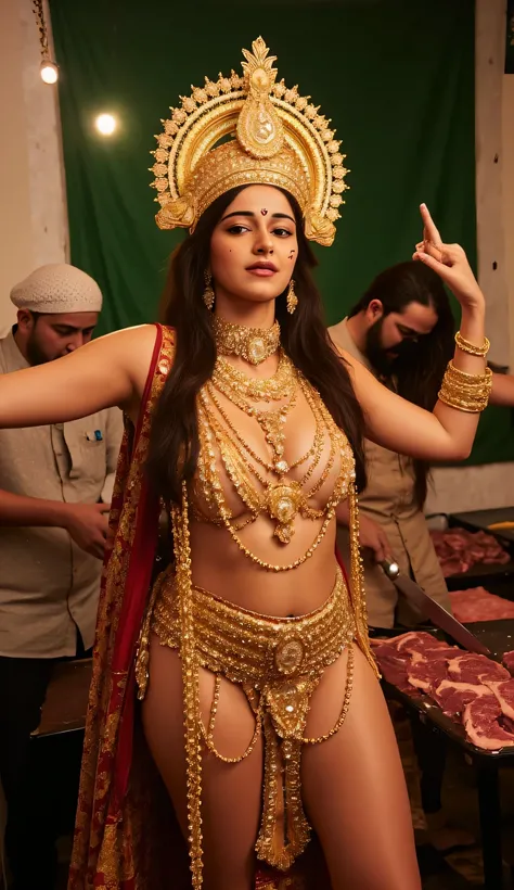Hindu goddess durga,Golden crowned on head, trishul in hand,almost naked lingerie, devine devi,hindu goddess,devi wearing so much Golden jewelry, in Pakistan in a beef shop,in shop muslim mens are cutting beef, Pakistan flag in background,8k