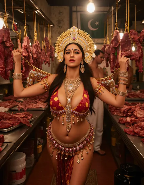Hindu goddess durga,Golden crowned on head, almost naked lingerie, devi wearing so much jewelry, in Pakistan in a beef shop,in shop muslim mens are cutting beef, Pakistan flag in background,8k