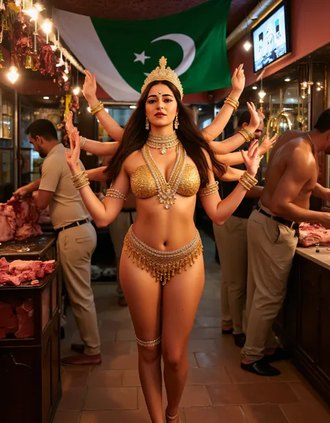 Hindu goddess durga,Golden crowned on head, almost naked lingerie, devi wearing so much jewelry, in Pakistan in a beef shop,in shop muslim mens are cutting beef, Pakistan flag in background,8k