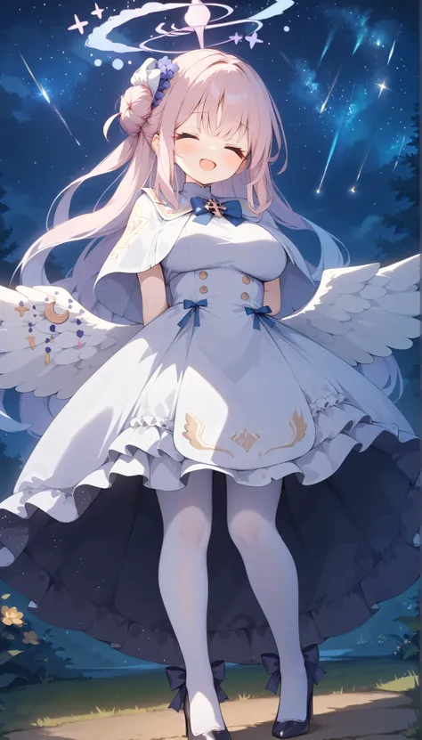 mika (blue archive),closed eyes,single hair bun,pink hair,long hair,wings,halo,large breasts,　white dress,capelet,wings,white pantyhose,high heels,　solo, I can see my eyebrows from the inside of my hair, hair between eyes,　 is embarrassing, masterpiece, Be...
